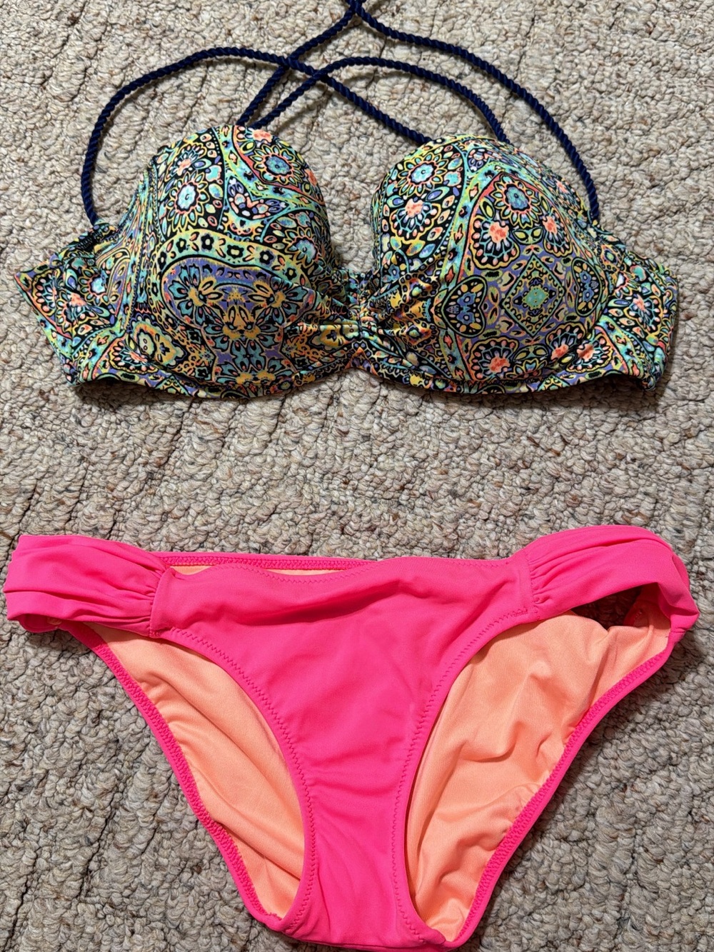 Victoria's Secret Paisley Multi Print Underwire Top with Hot Pink Bikini Bottoms
